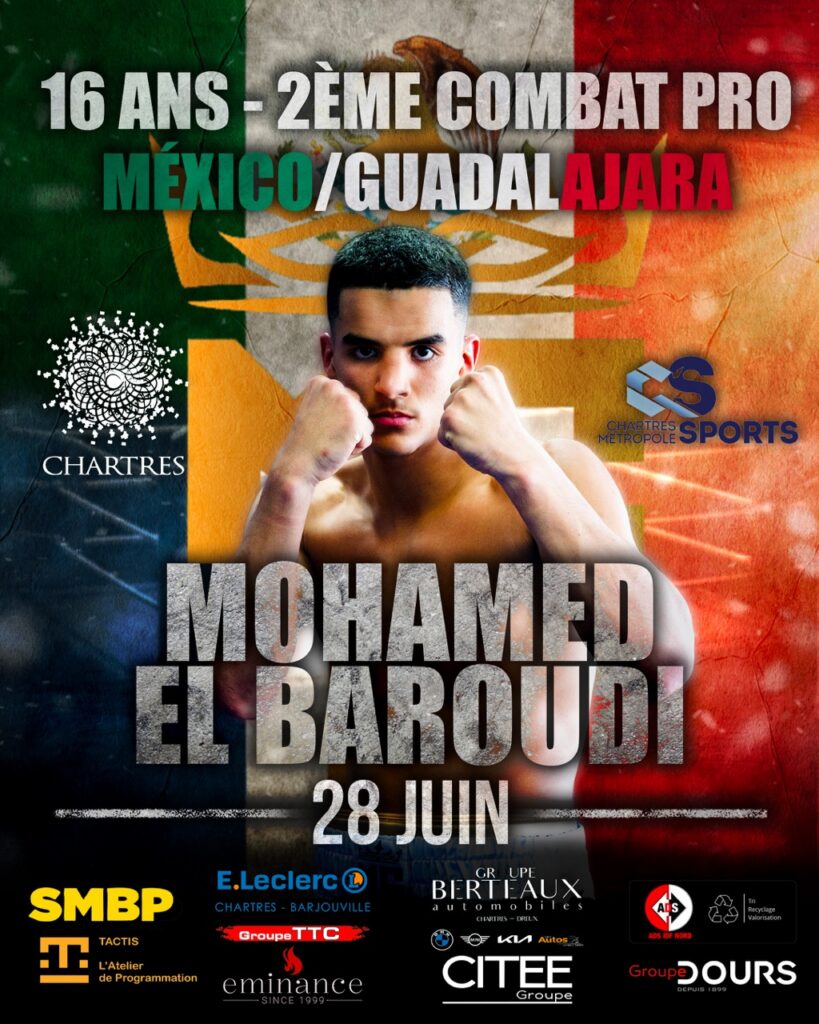 Affiche du deuxième combat professionnel de Mohamed El Baroudi, 28 juin à Guadalajara