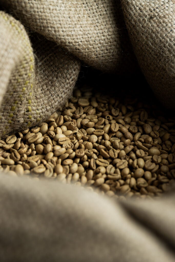 Grains de café vert dans un sac ouvert