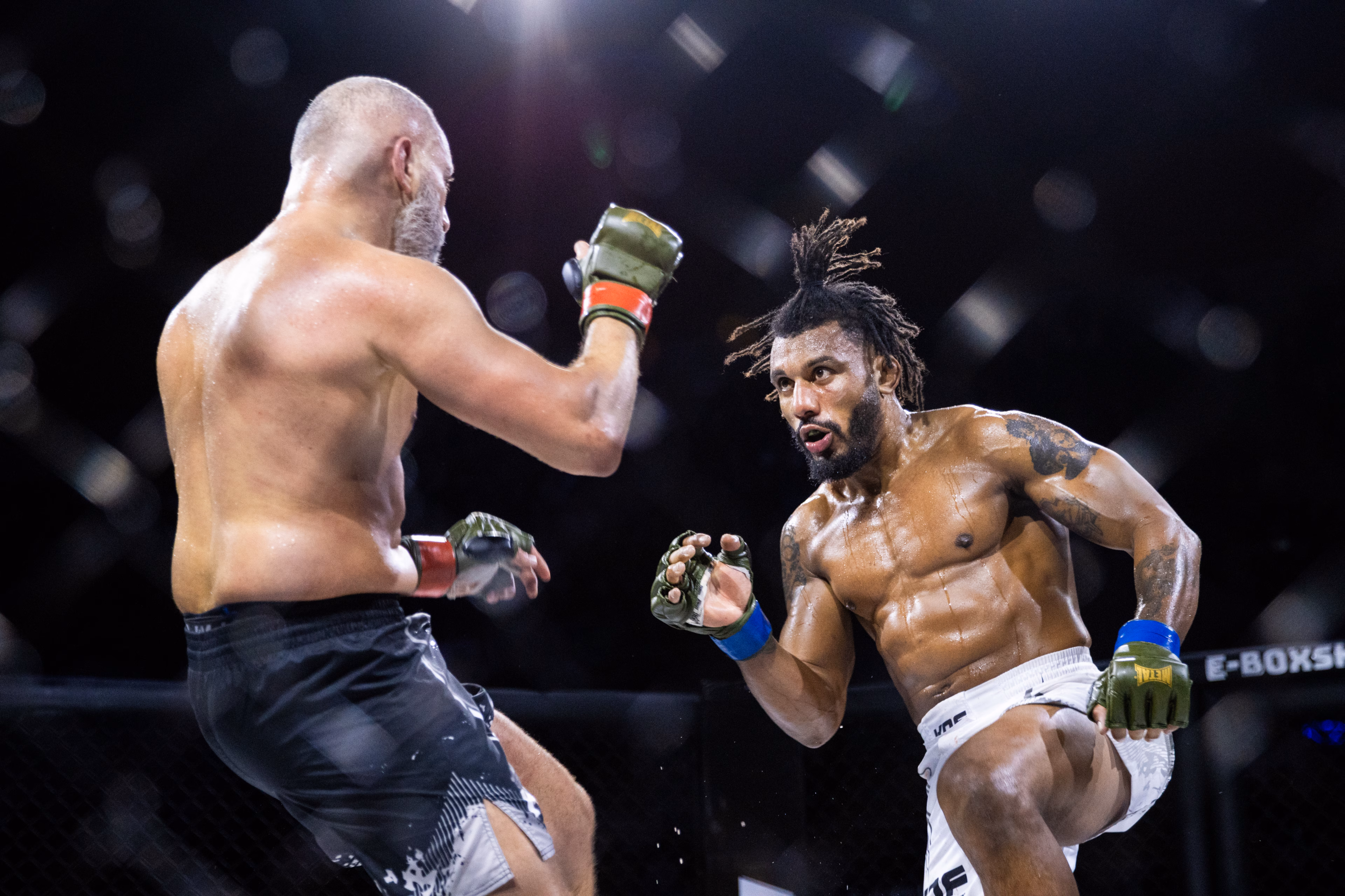 Deux combattants de MMA en garde face à face dans la cage